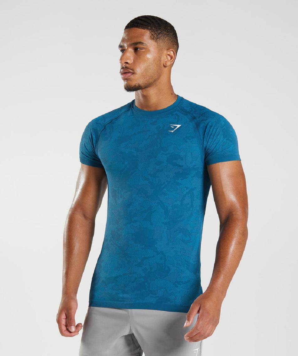 T Shirts Gymshark Geo Seamless Hombre Azules Gris Oscuro Azules | CO 3317CTV